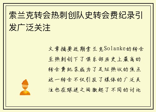 索兰克转会热刺创队史转会费纪录引发广泛关注 索兰克转会热刺创队史转会费纪录引发广泛关注